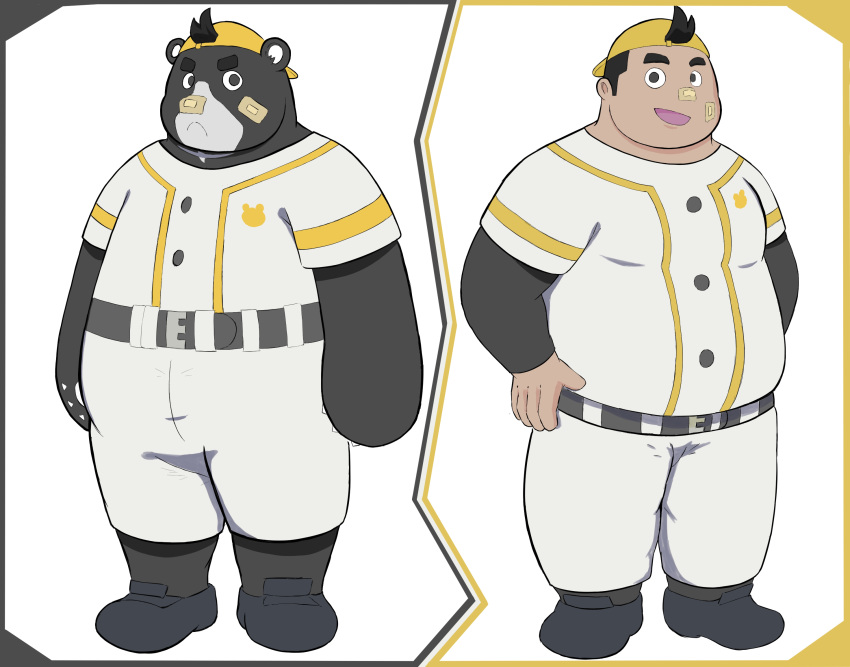 2020 anthro baseball_(sport) baseball_uniform belly black_body black_fur bottomwear brand_new_animal clothing fur hat headgear headwear hi_res human humanoid_hands male mammal overweight overweight_male pants sakisukem shirt sport sportswear studio_trigger topwear uniform ursid