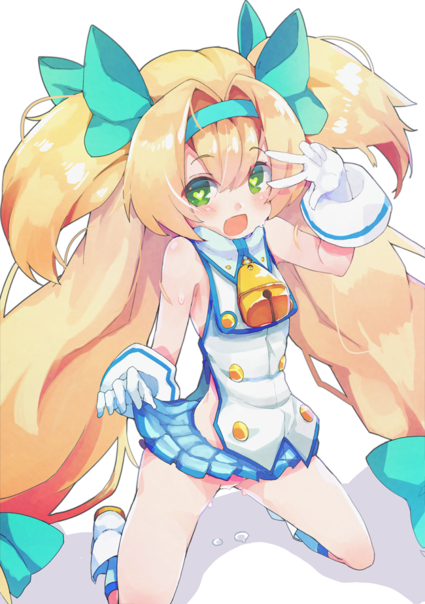 1girl blazblue blonde_hair blue_skirt blush bow gloves green_bow green_eyes green_hairband hair_bow hairband heart heart-shaped_pupils highres kneeling long_hair looking_at_viewer low-tied_long_hair no_panties open_mouth platinum_the_trinity pleated_skirt pussy_juice quad_tails simple_background skirt smile solo symbol-shaped_pupils teranekosu v very_long_hair white_gloves