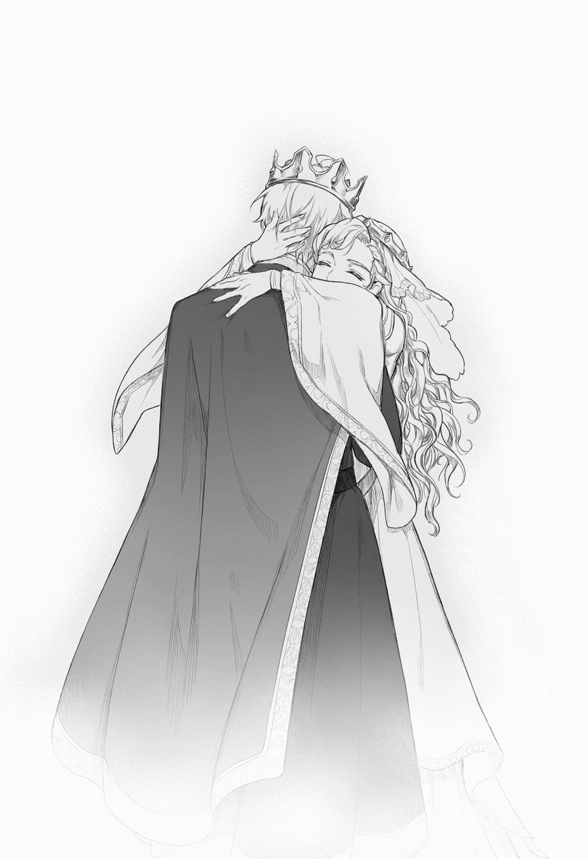 1boy 1girl ^_^ braid braided_bangs cape closed_eyes couple covered_mouth crown dress facing_viewer feet_out_of_frame greyscale guinevere hand_on_another's_head hand_on_another's_shoulder happy hetero highres hug jowell_she king_arthur long_hair long_sleeves monochrome original simple_background standing veil wavy_hair white_background