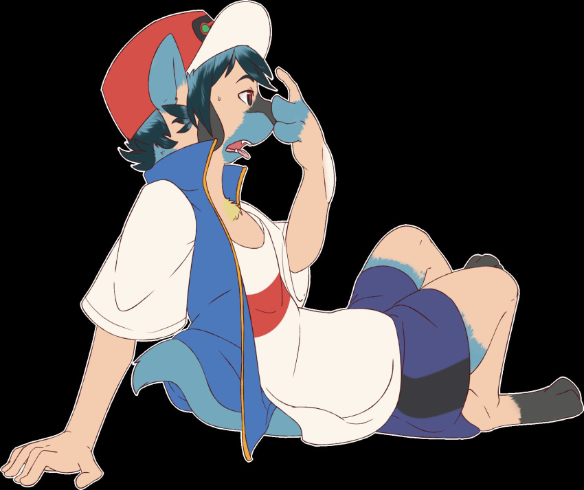 anthro ash_ketchum baby_pok&eacute;mon bottomwear clothing digitigrade fezmangaka foot_growth hat headgear headwear hi_res human jacket male mammal nintendo pok&eacute;mon pok&eacute;mon_(species) riolu shirt shorts snout solo topwear transformation video_games