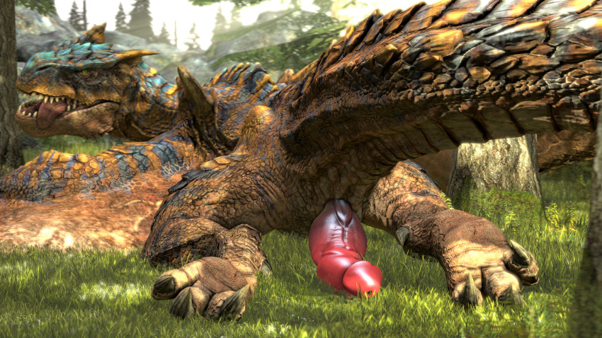 barlu capcom claws dragon feet feral flying_wyvern genitals grass hi_res hindpaw knot looking_at_viewer male monster_hunter nude on paws penis presenting presenting_penis solo teeth tigrex tongue tongue_out tree video_games wyvern