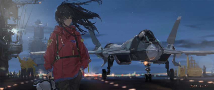 1girl 2020 aircraft aircraft_carrier airplane artist_name bangs black_hair blue_eyes blurry closed_mouth cloud commentary cowboy_shot dated depth_of_field evening floating_hair green_pants hair_between_eyes hand_in_pocket highres holding jet long_hair looking_away looking_to_the_side military military_vehicle original outdoors pants runway scenery ship sky solo_focus standing su-57 warship watercraft wind xilmo