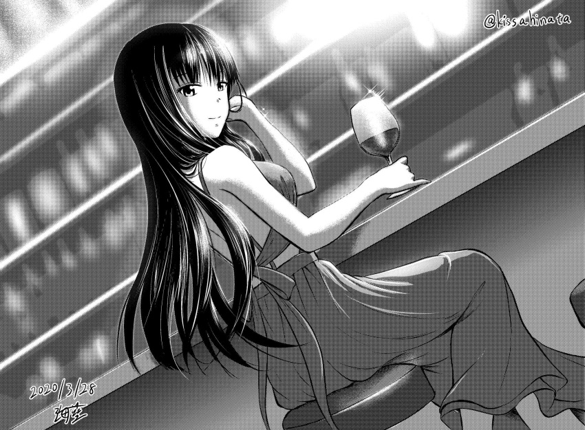 1girl artist_name backless_dress backless_outfit bad_id bad_twitter_id bangs bar closed_mouth commentary cup dated dress drinking_glass dutch_angle formal girls_und_panzer greyscale hairanworkshop halftone highres holding holding_cup indoors long_dress long_hair looking_at_viewer looking_back mature monochrome nishizumi_shiho sign sitting smile solo sparkle stool straight_hair twitter_username wine_glass