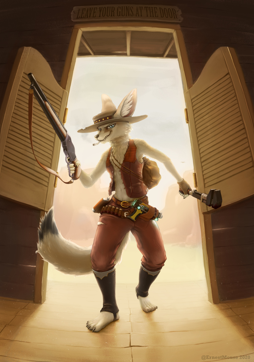 absurd_res anthro canid canine earnesternest fennec fox gun hi_res male mammal ranged_weapon smoking solo weapon western