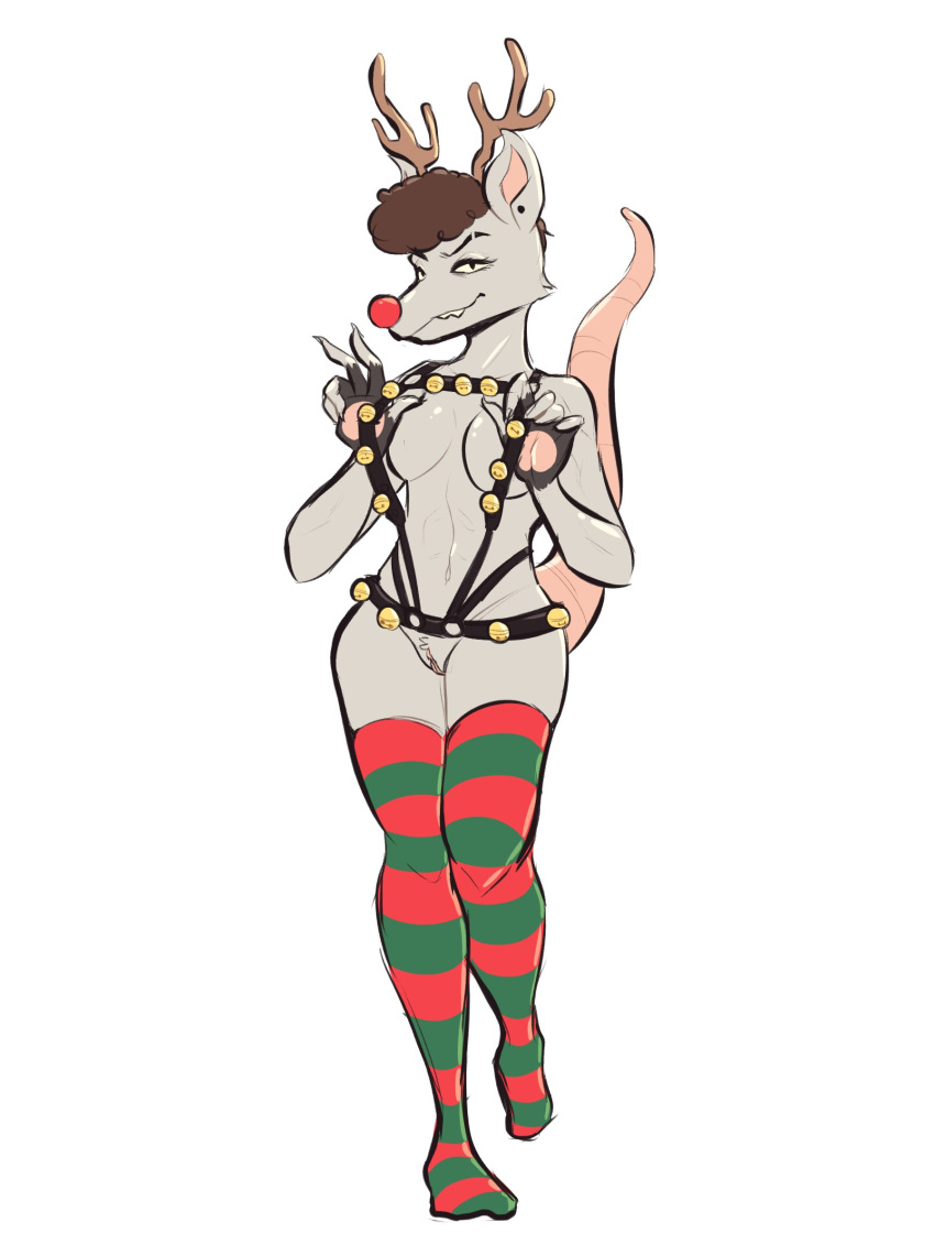 absurd_res alternate_version_at_source anthro bell breasts brown_hair christmas clothing clown_nose didelphid ear_piercing fake_antlers female front_view full-length_portrait genitals hair harness hi_res holidays humanoid_hands legwear mammal marsupial nora_(crowezonelayer) on_one_leg piercing portrait pubes pussy rat_tail reindeer_costume simple_background socks solo standing steeckykees thigh_highs thigh_socks virginia_opossum white_background