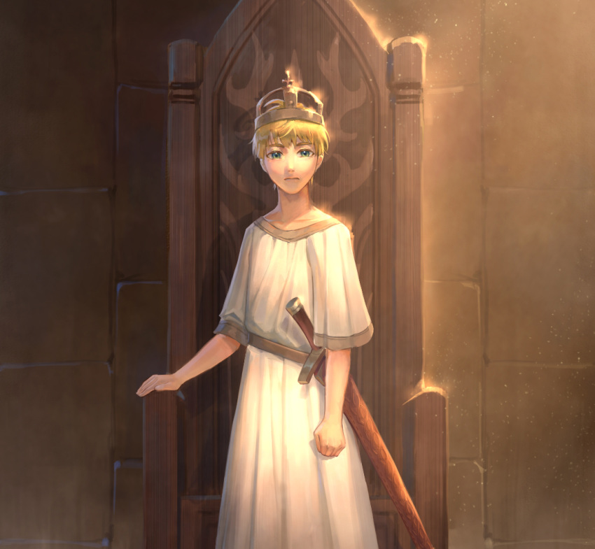 1boy bangs blonde_hair blue_eyes clenched_hand close-up closed_mouth crown feet_out_of_frame frown indoors jowell_she king_arthur looking_at_viewer original outstretched_hand robe sheath sheathed short_sleeves solo standing sunlight sword throne weapon