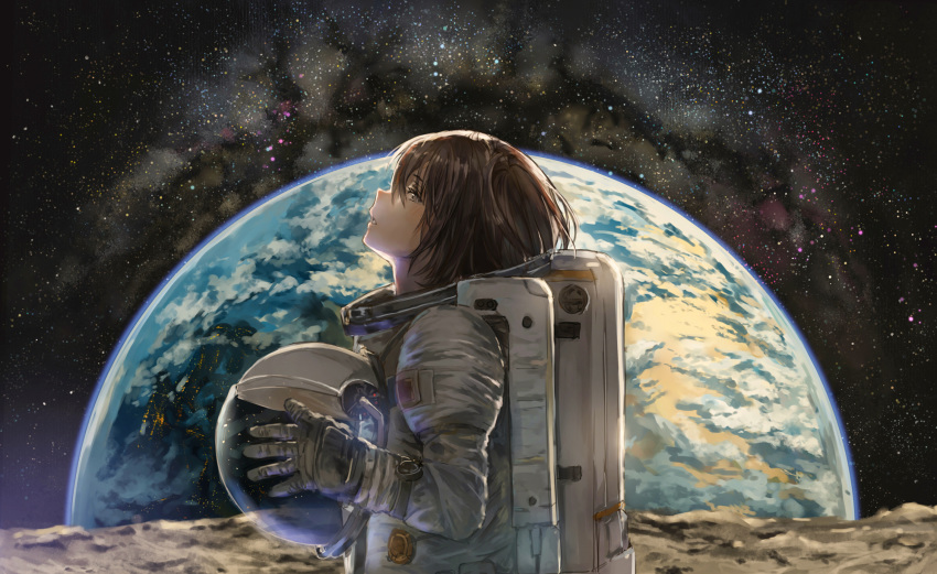 1girl blush brown_hair catzz cloud earth eyebrows_visible_through_hair gloves grey_gloves headwear_removed helmet helmet_removed highres holding holding_helmet looking_at_viewer moon night original oxygen_tank parted_lips profile raised_chin rock short_hair signature sky solo space spacesuit star_(sky) starry_sky upper_body visor wristband