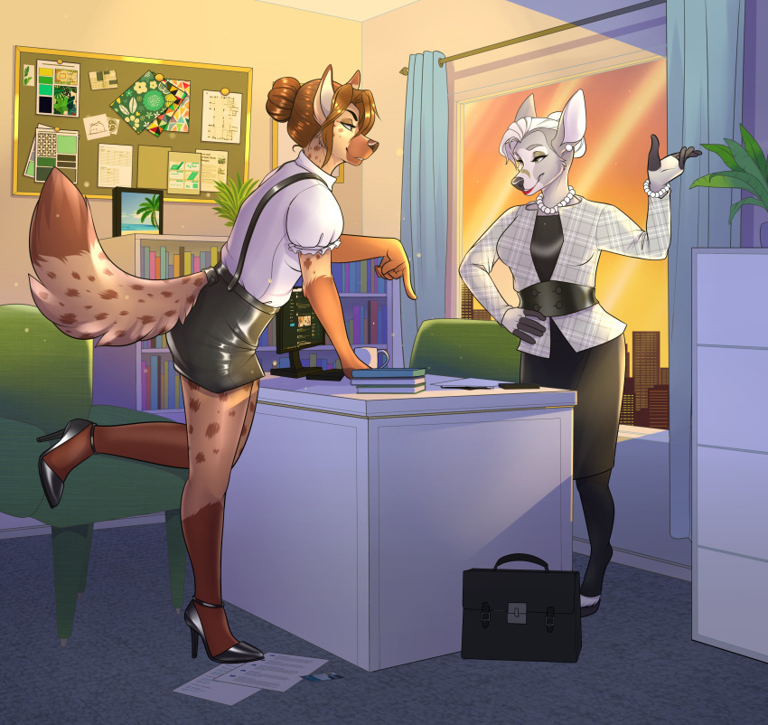absurd_res anthro cervid city computer desk duo female female/female furniture hi_res hyaenid jewelry mammal necklace office wen
