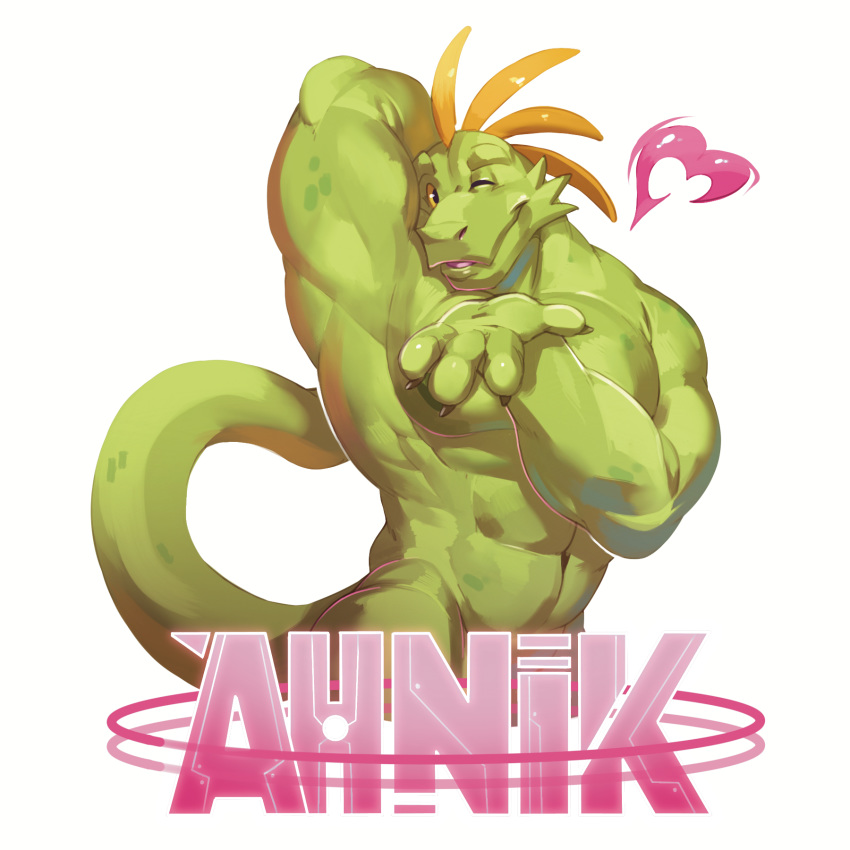 &lt;3 1:1 2020 4_fingers abs ahnik_(character) blowing_kiss claws crest_(disambiguation) fingers green_body green_claws green_scales hi_res lizard male muscular mystikfox61 one_eye_closed orange_crest reptile scales scalie simple_background solo text white_background wink yellow_sclera
