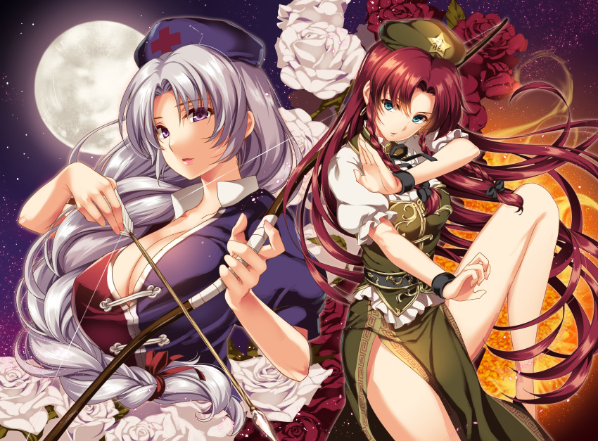 2girls absurdres arrow_(projectile) bangs beret black_bow blue_eyes bow bow_(weapon) braid breasts cleavage commentary_request drawing_bow earrings english_text eyebrows_visible_through_hair fighting_stance fingernails floral_background flower frilled_sleeves frills full_moon hair_bow hat highres holding holding_arrow holding_bow_(weapon) holding_weapon hong_meiling jewelry knee_up large_breasts light_particles lips lipstick long_hair looking_at_viewer makeup medium_breasts moneti_(daifuku) moon multiple_girls neck_ribbon parted_bangs parted_lips pelvic_curtain puffy_short_sleeves puffy_sleeves purple_eyes red_cross red_flower red_hair red_rose ribbon rose short_sleeves side_braid side_slit silver_hair skirt skirt_set sky star star_(sky) starry_sky touhou twin_braids very_long_hair weapon white_flower white_rose wristband yagokoro_eirin