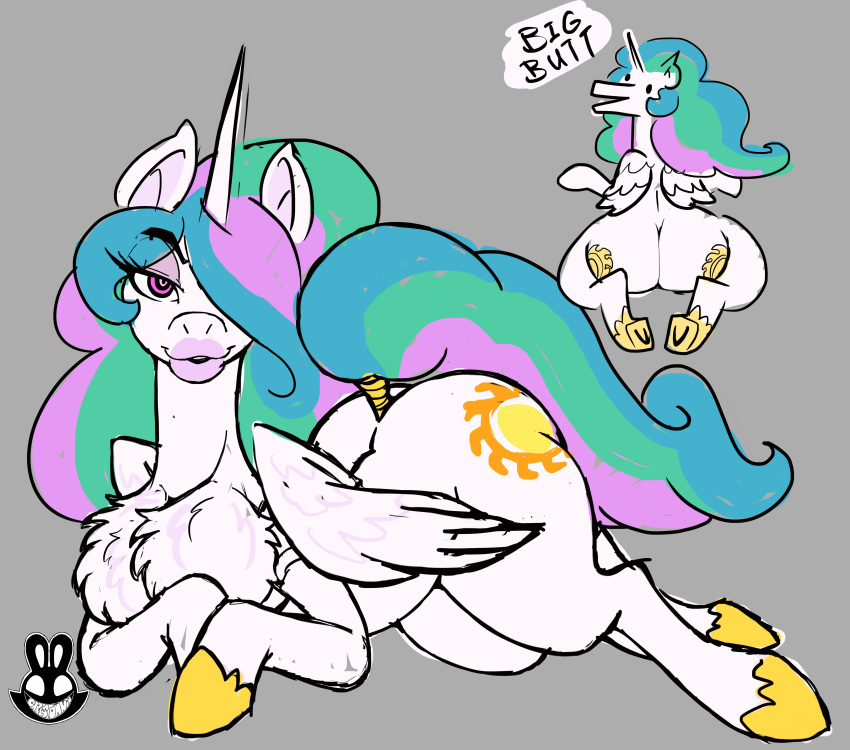 absurd_res big_butt butt chest_tuft christomwow english_text equid female feral friendship_is_magic grey_background hair hi_res horn lips mammal multicolored_hair my_little_pony princess_celestia_(mlp) simple_background solo text thick_lips tuft winged_unicorn wings