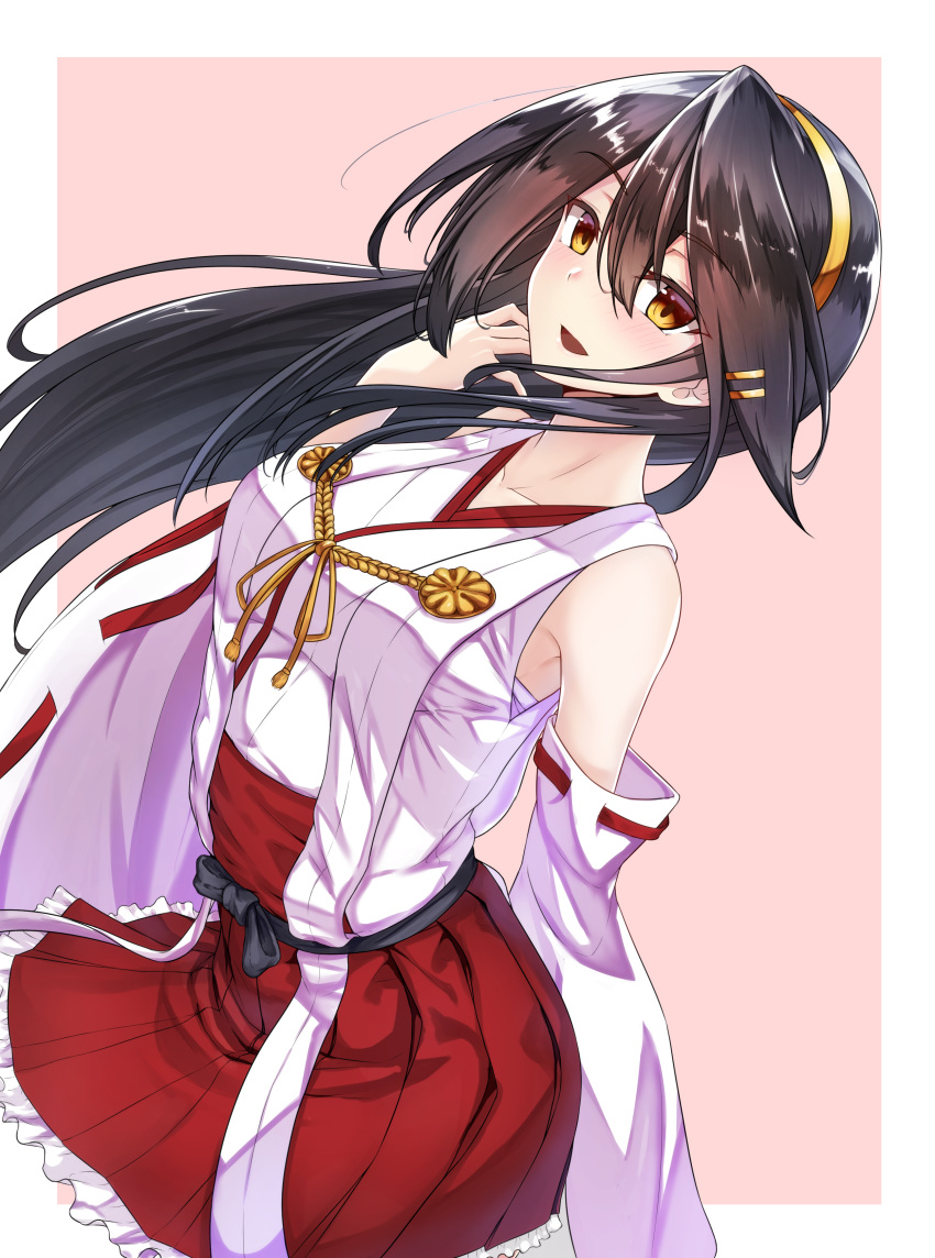1girl absurdres bare_shoulders black_hair blush breasts brown_eyes carmine_(ucdio) detached_sleeves eyebrows_visible_through_hair graphite_(medium) hair_between_eyes hair_ornament hairband hairclip haruna_(kantai_collection) headgear highres japanese_clothes kantai_collection large_breasts long_hair looking_at_viewer mechanical_pencil nontraditional_miko open_mouth pencil remodel_(kantai_collection) ribbon-trimmed_sleeves ribbon_trim skirt smile solo traditional_media two-tone_background