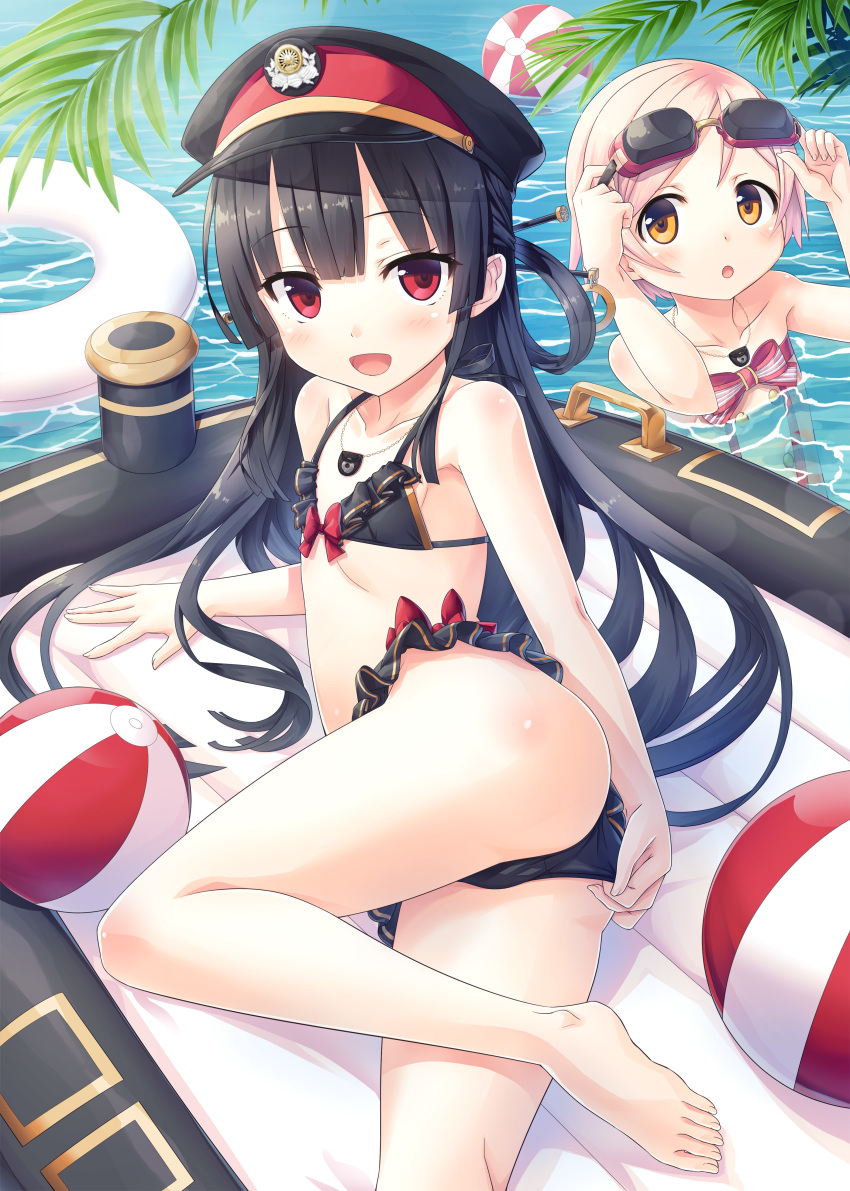 2girls :o absurdres adjusting_clothes adjusting_goggles adjusting_swimsuit ass ball barefoot beachball bikini bikini_skirt black_bikini black_hair cura eyebrows_visible_through_hair goggles goggles_on_head hachiroku_(maitetsu) hair_ornament hair_rings hairpin hat highres inflatable_raft innertube jewelry long_hair looking_at_viewer lying maitetsu multiple_girls necklace on_side open_mouth orange_eyes partially_submerged peaked_cap pink_hair red_eyes reina_(maitetsu) short_hair swimsuit water