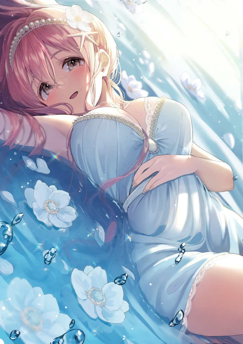 1girl armpits bangs blue_flower blush breasts cleavage dress flower flower_on_water hair_between_eyes hair_flower hair_ornament hairband highres idolmaster idolmaster_cinderella_girls jewelry large_breasts long_hair looking_at_viewer lying lying_on_water magako on_back open_mouth pink_hair saionji_kotoka smile solo starfish_hair_ornament water white_dress yellow_eyes