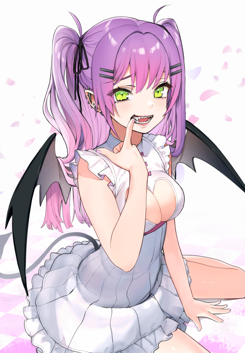 1girl absurdres ahoge alternate_costume bare_legs between_legs black_ribbon blush breasts cherry_blossoms cleavage commentary demon_tail demon_wings dress ear_piercing eyelashes fangs finger_to_mouth gradient_hair green_eyes hair_between_eyes hair_ornament hair_ribbon hairclip hand_between_legs highres hololive lips long_hair looking_at_viewer medium_breasts multicolored_hair open_mouth petals piercing pink_hair purple_hair ribbon simple_background sitting sleeveless sleeveless_dress smile solo tail tate_yukimi thighs tokoyami_towa twintails two-tone_hair virtual_youtuber white_background white_dress wings
