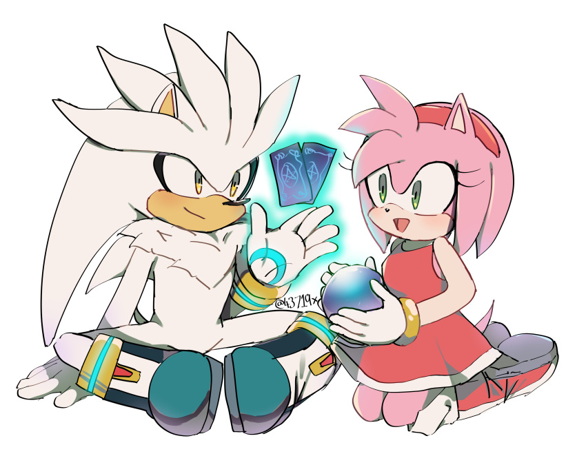 2019 absurd_res accessory amy_rose anthro clothing duo eulipotyphlan female footwear gloves green_eyes hair_accessory hairband handwear hedgehog hi_res male mammal open_mouth open_smile rellyia silver_the_hedgehog simple_background sitting smile sonic_the_hedgehog_(series) tuft video_games yellow_eyes