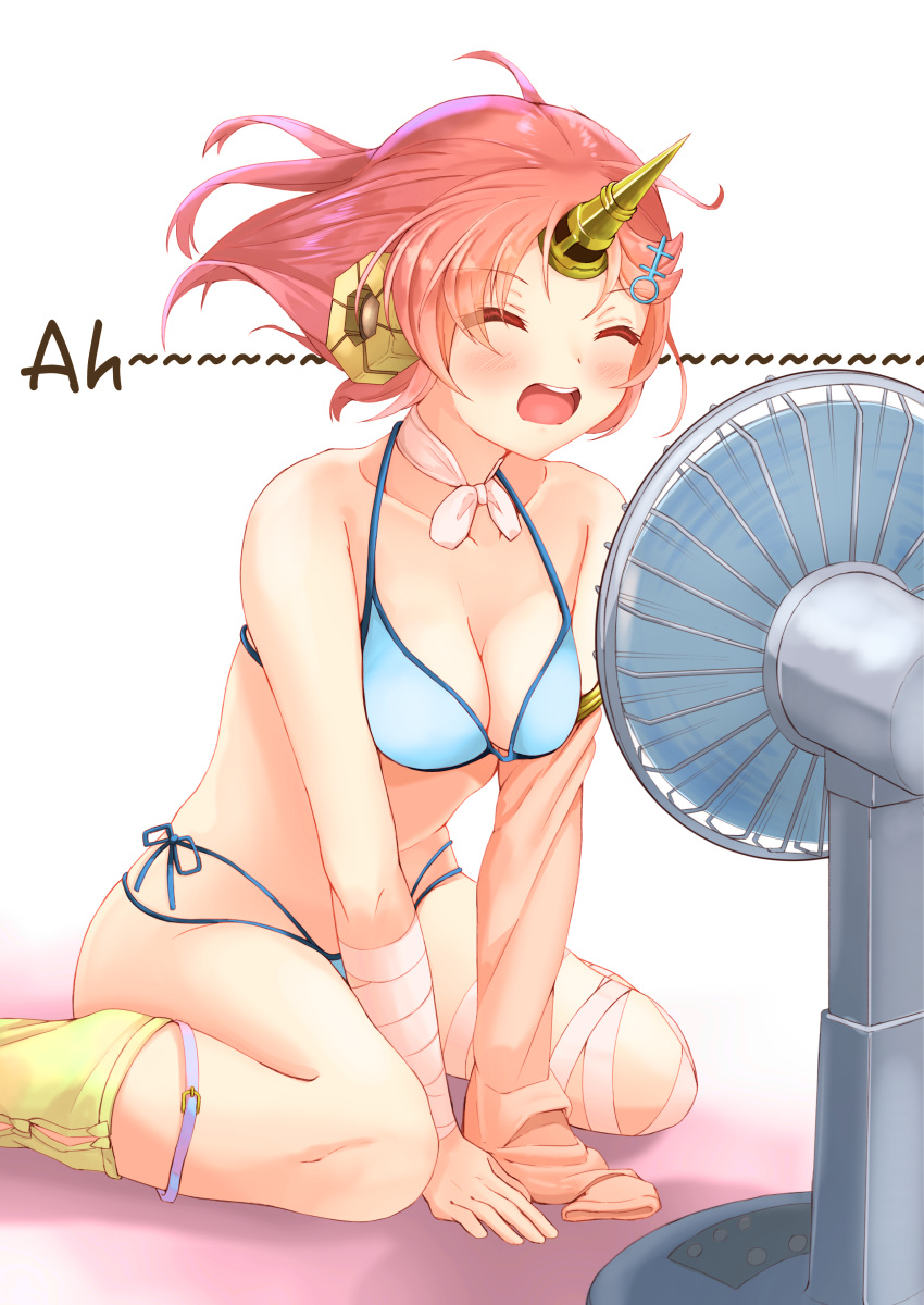 1girl absurdres bandaged_arm bandaged_leg bandages bangs bare_shoulders bikini blue_bikini blush breasts cleavage closed_eyes collarobne commentary_request double_bun eyebrows_visible_through_hair fan fate/grand_order fate_(series) frankenstein's_monster_(fate) frankenstein's_monster_(swimsuit_saber)_(fate) hair_ornament hair_over_one_eye hairclip highres horn looking_at_viewer medium_breasts medium_hair nyoon open_mouth parted_bangs pink_hair sitting solo swimsuit