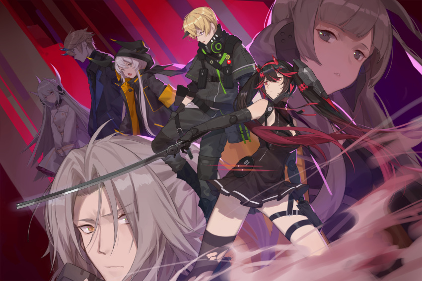 3boys 4girls black_gloves black_hair black_jacket black_legwear blonde_hair blue_eyes closed_mouth dress earrings eyes_visible_through_hair fang frills gloves gradient gradient_hair grey_eyes grey_hair hair_between_eyes headgear headphones headphones_around_neck highres holding holding_sword holding_weapon hood hood_up horns jacket jewelry long_hair mechanical_arm multicolored multicolored_hair multiple_boys multiple_girls open_mouth orange_eyes parted_lips pin punishing:_gray_raven purple_eyes red_cucumber red_eyes red_hair smoke sword torn_clothes torn_legwear twintails weapon white_dress white_hair