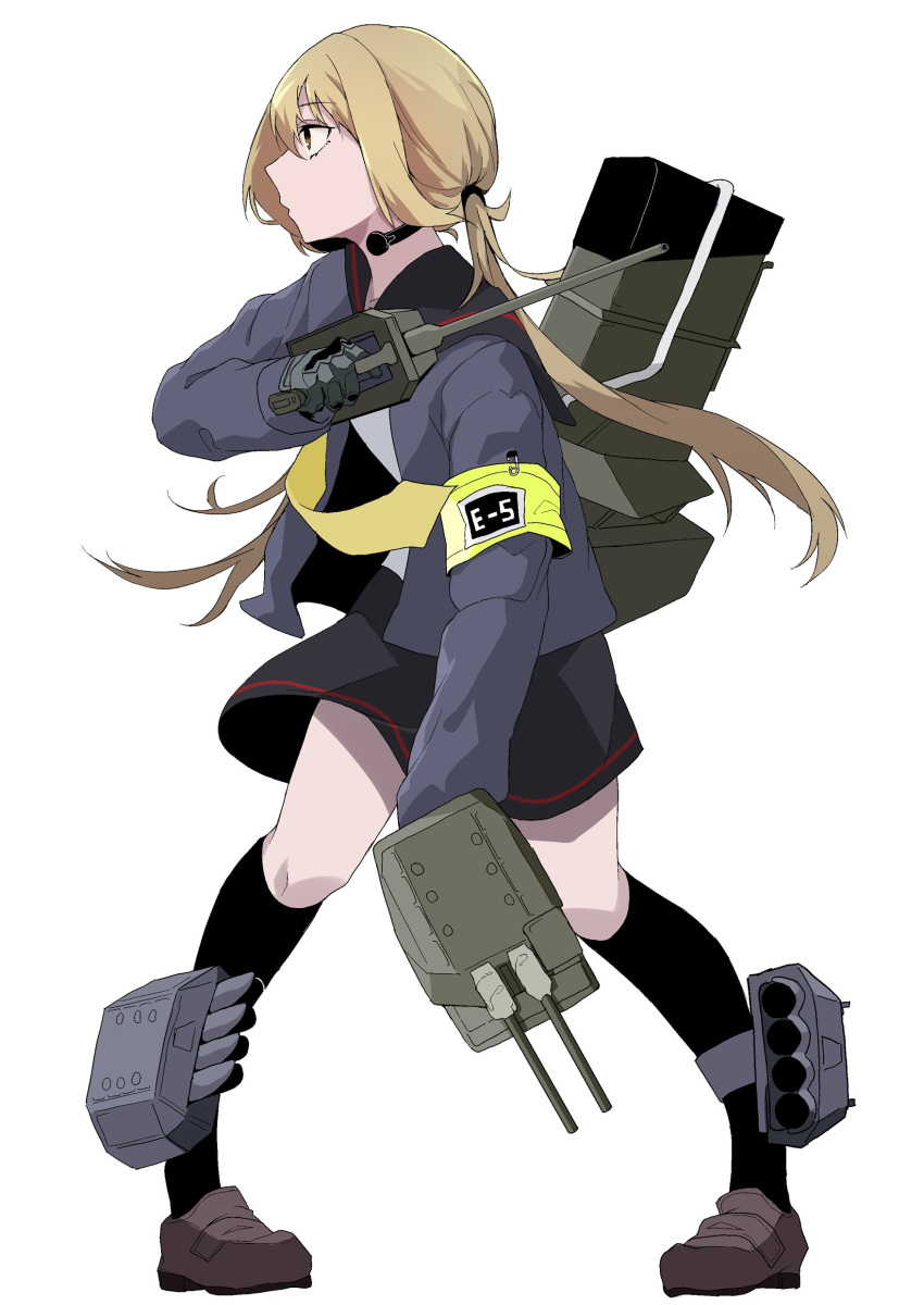 1girl absurdres armband black_legwear blonde_hair blue_jacket brown_footwear daigaku_jitome dual_wielding eyebrows_visible_through_hair from_side highres holding holding_turret jacket kantai_collection loafers long_hair looking_to_the_side low_twintails neckerchief remodel_(kantai_collection) satsuki_(kantai_collection) school_uniform serafuku shoes simple_background solo thighhighs torpedo_tubes twintails white_background yellow_neckwear