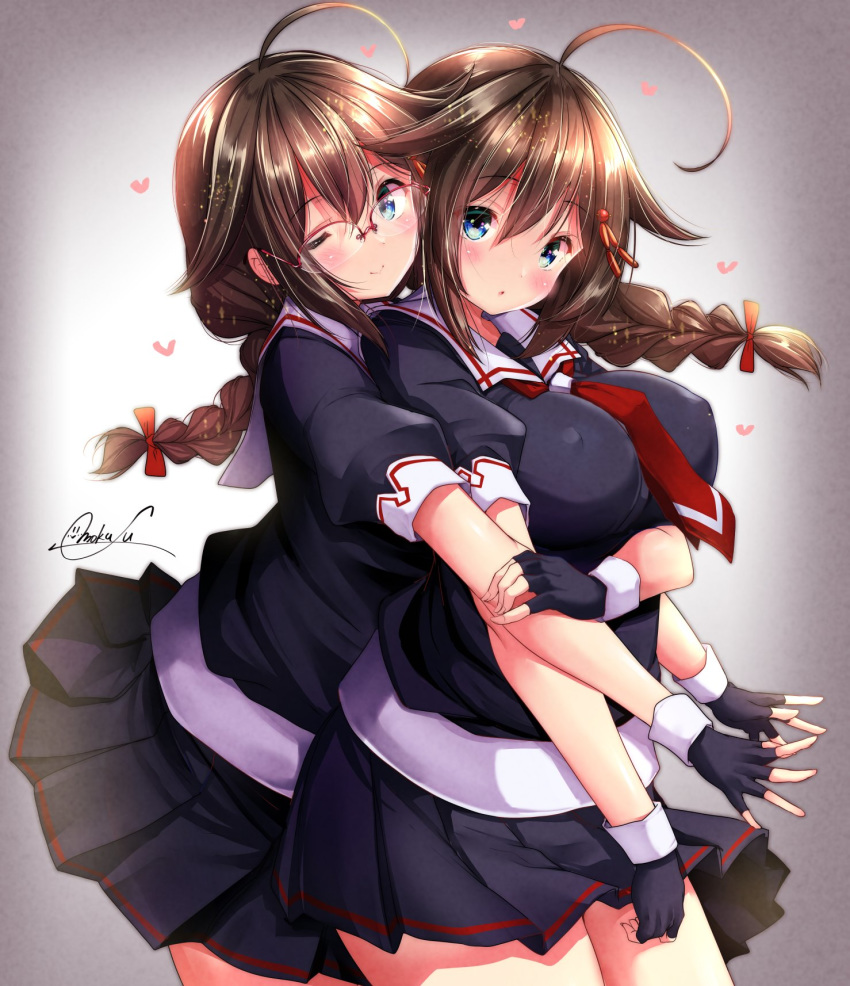 2girls :o ahoge alternate_breast_size bespectacled black_gloves black_skirt blue_eyes blush braid breasts brown_hair covered_nipples dual_persona eyebrows_visible_through_hair fingerless_gloves glasses gloves hair_flaps hair_ornament heart highres kantai_collection large_breasts long_hair mokufuu multiple_girls one_eye_closed pleated_skirt red-framed_eyewear red_neckwear remodel_(kantai_collection) sailor_collar school_uniform serafuku shigure_(kantai_collection) short_sleeves signature simple_background single_braid skirt smile