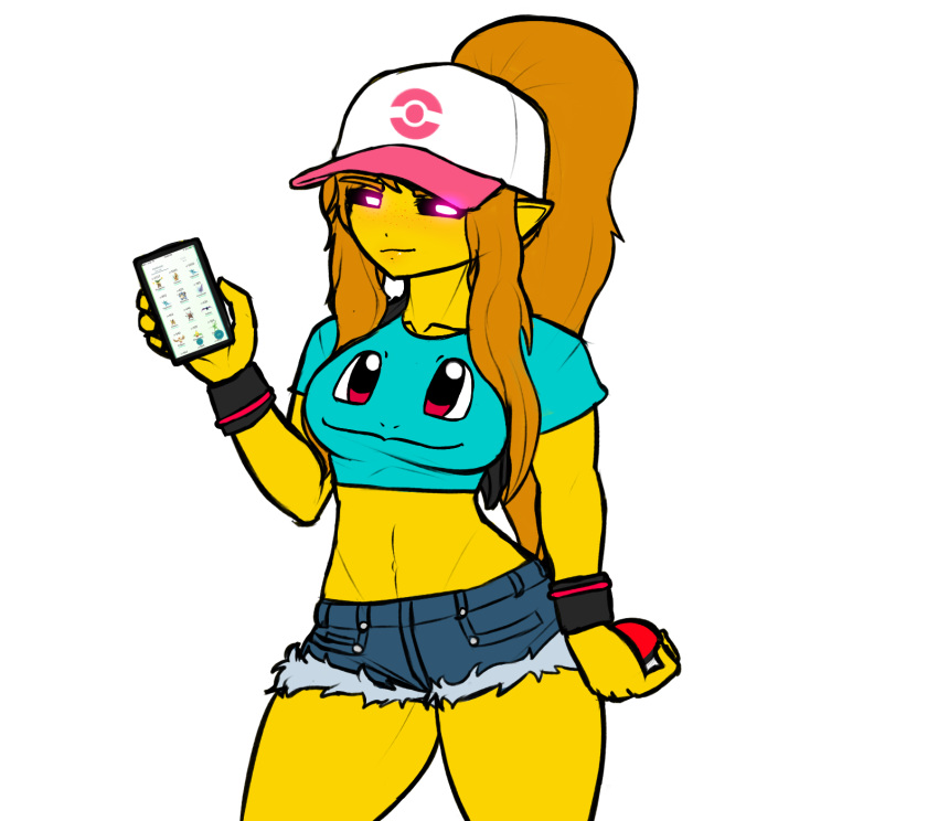alpha_channel cellphone clothed clothing datfurrydude female five_nights_at_freddy's five_nights_at_freddy's_2 freckles glowing glowing_eyes hair hi_res humanoid humanoid_pointy_ears long_hair nintendo orc phone pink_eyes pok&eacute;ball pok&eacute;mon ponytail_hair skimpy skimpy_bottoms smartphone smile smirk solo solo_focus toy_chica_(fnaf) video_games yellow_body yellow_skin