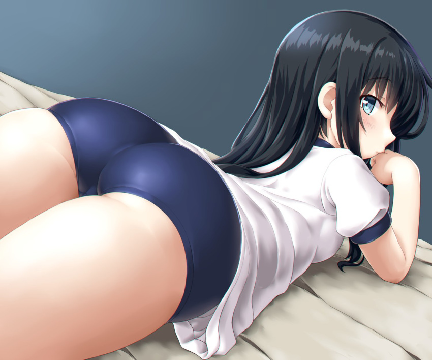 1girl asashio_(kantai_collection) ass bangs bed bed_sheet black_hair blanket blue_buruma blue_eyes blush breasts buruma closed_mouth dd_(ijigendd) eyebrows_visible_through_hair grey_background gym_shirt gym_uniform hand_on_own_cheek highres indoors kantai_collection long_hair looking_at_viewer looking_back lying on_bed on_stomach shirt short_sleeves small_breasts solo white_shirt