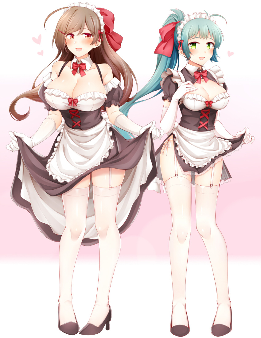 2girls :d ahoge alternate_costume apron black_dress black_footwear blush breasts brown_eyes brown_hair cleavage collarbone detached_collar dress dress_lift elbow_gloves enmaided eyebrows_visible_through_hair full_body garter_straps gloves green_eyes green_hair hair_ribbon heart high_heels highres irako_(kantai_collection) kantai_collection large_breasts lifted_by_self long_hair maid maid_apron maid_dress maid_headdress mamiya_(kantai_collection) multiple_girls open_mouth ponytail red_ribbon ribbon rui_shi_(rayze_ray) short_sleeves smile standing thighhighs white_apron white_gloves white_legwear