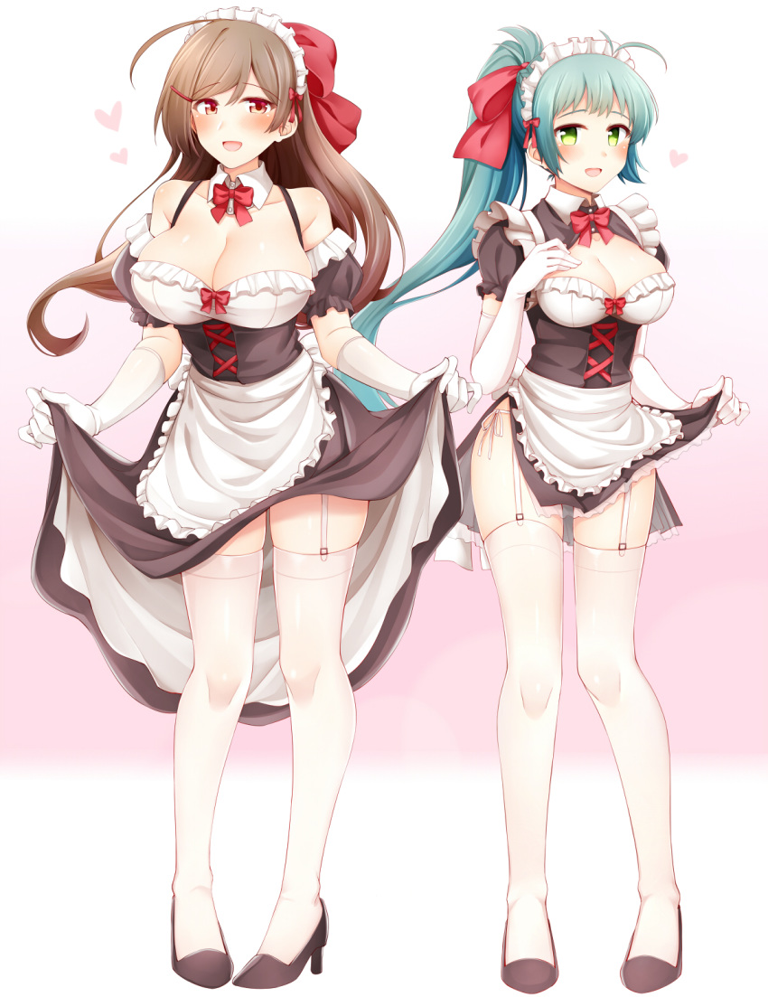 2girls :d ahoge alternate_costume apron black_dress black_footwear blush breasts brown_eyes brown_hair cleavage collarbone detached_collar dress dress_lift elbow_gloves enmaided eyebrows_visible_through_hair full_body garter_straps gloves green_eyes green_hair hair_ribbon heart high_heels highres irako_(kantai_collection) kantai_collection large_breasts lifted_by_self long_hair maid maid_apron maid_dress maid_headdress mamiya_(kantai_collection) multiple_girls open_mouth ponytail red_ribbon ribbon rui_shi_(rayze_ray) short_sleeves smile standing thighhighs white_apron white_gloves white_legwear