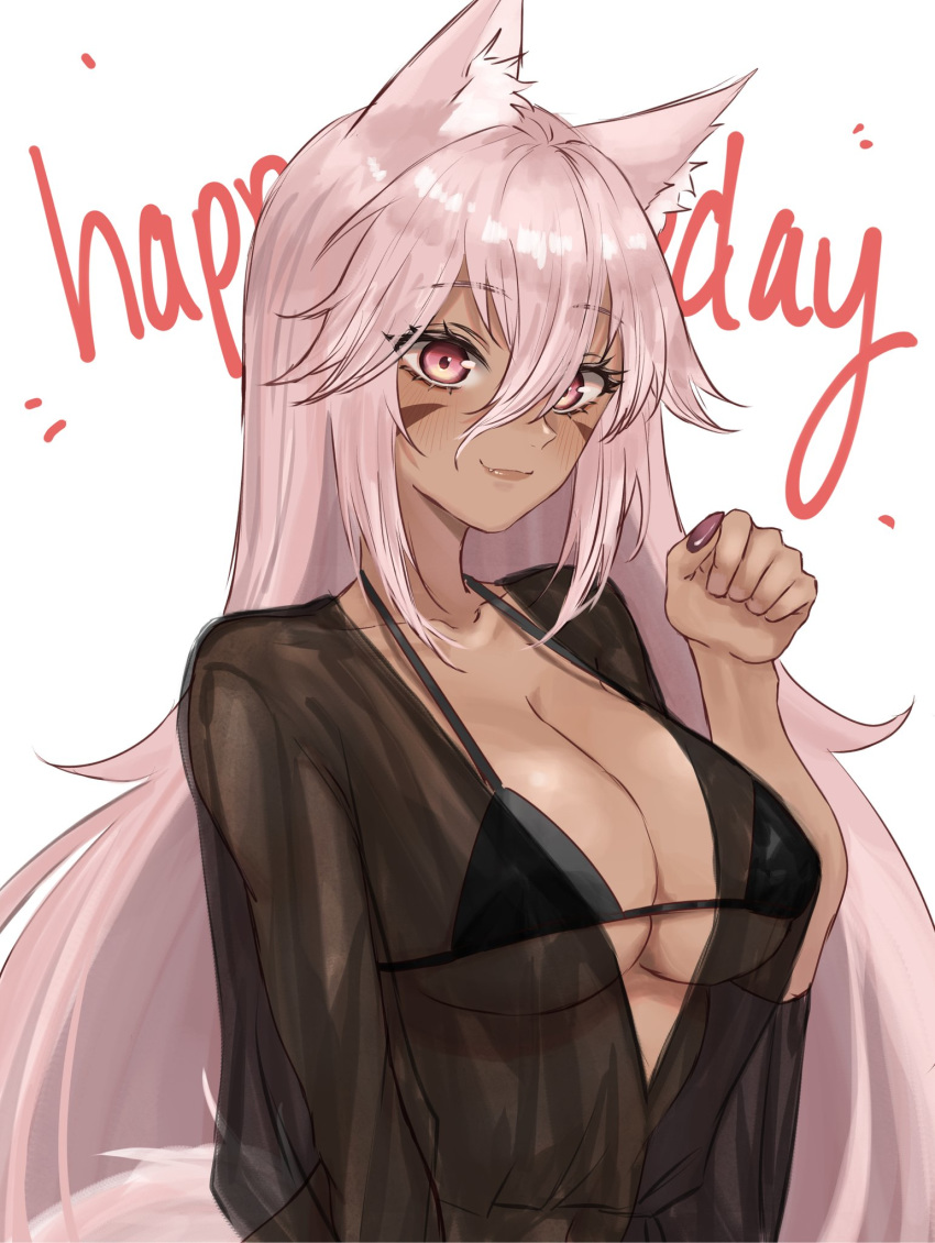 animal_ears aurora_(kanachirou) bikini black_bikini black_shirt breasts cleavage clenched_hand closed_mouth collarbone dark_skin eyebrows_visible_through_hair facial_mark fox_ears fox_tail hair_between_eyes happy_birthday highres kurisustinah large_breasts long_hair looking_at_viewer loose_clothes loose_shirt nail_polish original pink_eyes pink_hair see-through shirt smile swimsuit tail white_background