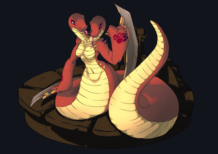 big_breasts big_hands breasts featureless_breasts female forked_tongue long_tongue multi_head naga non-mammal_breasts red_body reptile scalie serpentine snake solo teaspoon tongue tongue_out weapon wide_hips