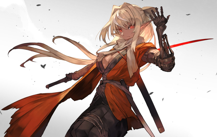 1girl bandaged_arm bandages black_robe blonde_hair breasts cleavage closed_mouth commentary cosplay cowboy_shot dark_skin eyebrows_visible_through_hair grey_background hair_between_eyes highres hololive japanese_clothes katana lack long_hair looking_at_viewer medium_breasts multicolored_hair parody pointy_ears ponytail prosthesis prosthetic_arm red_eyes reverse_grip scabbard scarf sekiro sekiro:_shadows_die_twice sekiro_(cosplay) sheath shiranui_flare simple_background solo streaked_hair sword torn_clothes tsurime two-tone_hair unsheathed virtual_youtuber weapon white_hair white_scarf wind