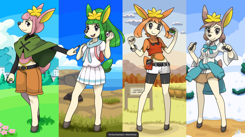 16:9 2019 4k absurd_res anthro anthrofied autumn backpack biped blue_clothing bottomwear breasts brown_clothing brown_hair candice_(pok&eacute;mon) cape clothed clothing clothing_around_waist crop_top deerling detailed_background digital_media_(artwork) female flower front_view fur gardenia_(pok&eacute;mon) grass green_clothing green_hair grey_eyes group gym_leader hair hi_res hooves hotpants lillie_(pok&eacute;mon) long_hair looking_at_viewer may_(pok&eacute;mon) midriff miltonholmes multiple_scenes nintendo orange_hair outside pink_hair plant pok&eacute;mon pok&eacute;mon_(species) pok&eacute;morph red_clothing seaside serafuku shirt shorts skirt smile snow spring standing summer sweater tan_body tan_fur topwear video_games white_clothing white_shirt white_topwear widescreen winter