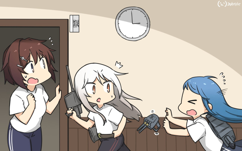 /\/\/\ 3girls adapted_turret alternate_costume black_pants blue_hair blue_pants brown_eyes brown_hair cannon clock closed_eyes clothes_removed commentary_request dated door furutaka_(kantai_collection) hamu_koutarou highres indoors kantai_collection kikuzuki_(kantai_collection) long_hair machinery multiple_girls orange_eyes pants samidare_(kantai_collection) shirt short_hair sign t-shirt track_pants turret wall_clock white_hair white_shirt