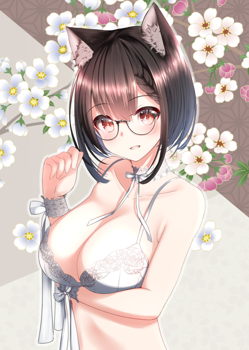 1girl animal_ear_fluff animal_ears arm_under_breasts arm_up bangs bra braid breasts brown_eyes brown_hair cat_ears cat_girl choker cleavage commentary_request eyebrows_visible_through_hair flower glasses highres large_breasts looking_at_viewer nekobaka open_mouth original ribbon sidelocks smile underwear upper_body white_bra white_neckwear wrist_cuffs