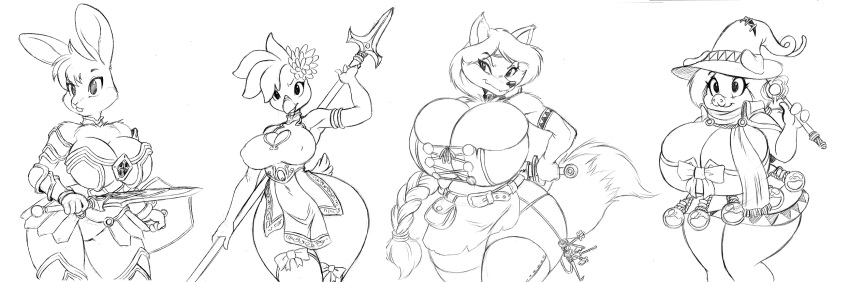 anthro armor avian big_breasts bird black_and_white bow braided_hair breasts buckteeth canid canine chochi cleavage clothed clothing domestic_pig female flower fox group hair hat headgear headwear hi_res lagomorph leporid magic_user magic_wand mammal melee_weapon monochrome nipple_bump plant polearm pouch_(disambiguation) rabbit shield sketch skimpy spear suid suina sus_(pig) sword teeth thick_thighs unconvincing_armor weapon witch_hat