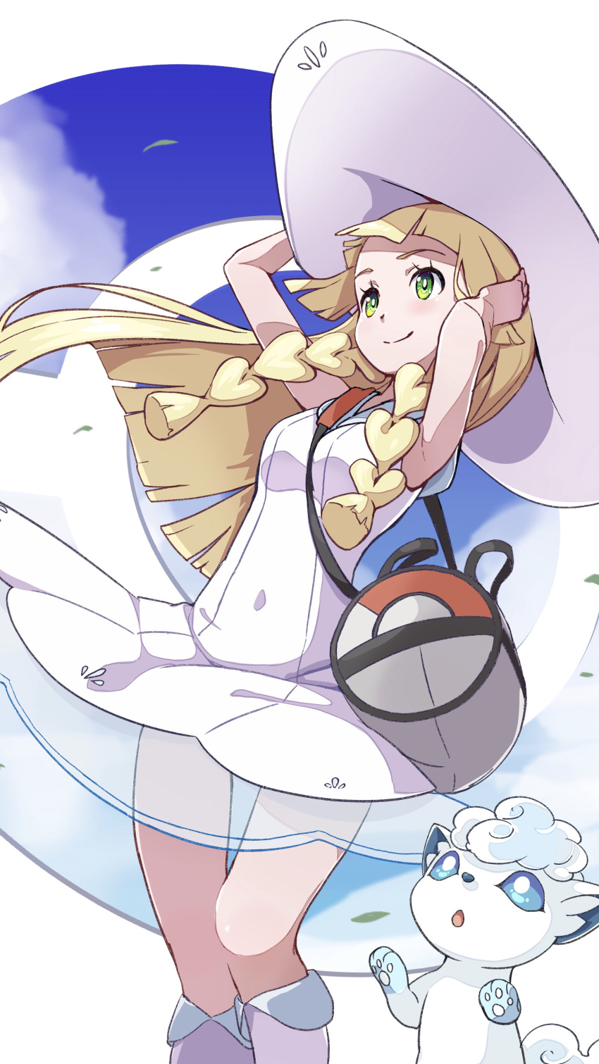 1girl absurdres alolan_form alolan_vulpix bag blonde_hair braid dress duffel_bag gen_7_pokemon green_eyes hands_on_head hat highres lillie_(pokemon) miu_(angelo_whitechoc) pokemon pokemon_(game) pokemon_sm white_dress wind