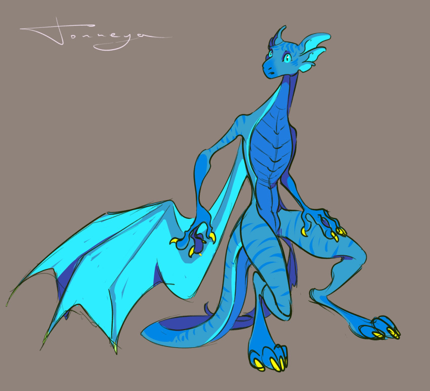 anthro blue_body blue_sclera claws cute_eyes cute_face digitigrade dragon ear_fins female fin grey_background hi_res membrane_(anatomy) membranous_wings norna nude reptile scalie signature simple_background slit_pupils solo standing striped_body stripes stripes_(marking) tonneya wings