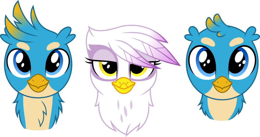 2020 absurd_res alpha_channel avian beak blue_body blue_eyes blue_feathers collaboration dailevy duo eyelashes feathers female feral friendship_is_magic gallus_(mlp) gilda_(mlp) gryphon headshot_portrait hi_res lidded_eyes looking_at_viewer male my_little_pony mythological_avian mythology parclytaxel portrait simple_background transparent_background white_body white_feathers yellow_eyes