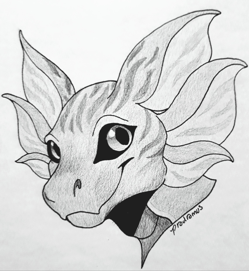 absurd_res anthro cute_eyes cute_face dragon ear_fins female fin gogogojirin greyscale headshot_portrait hi_res monochrome norna pen_(artwork) portrait reptile scalie signature simple_background smile solo striped_body stripes traditional_(artwork) traditional_media_(artwork) white_background