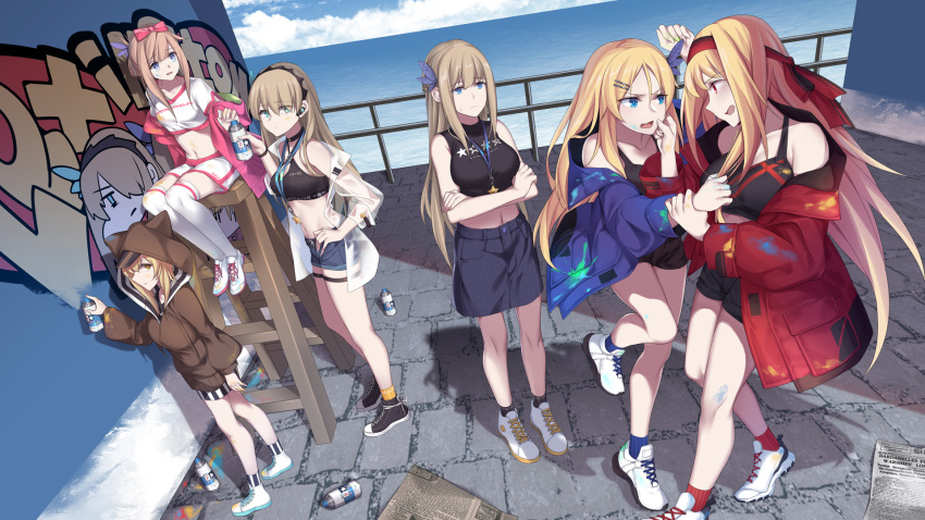 6+girls alternate_costume black_legwear black_shirt blonde_hair blue_eyes blue_jacket blue_sky braid breasts brown_hair constellation_(warship_girls_r) day denim denim_shorts denim_skirt feather_hair_ornament folded_ponytail french_braid graffiti hair_ornament hairband hairclip highres hood hoodie jacket large_breasts lexington_(cv-16)_(warship_girls_r) lexington_(warship_girls_r) long_hair long_sleeves multiple_girls outdoors phelps_(warship_girls_r) platinum_blonde_hair red_jacket saratoga_(warship_girls_r) shirt shoes short_shorts shorts skirt sky sleeveless sleeveless_shirt sneakers spray_can spray_paint standing wall warship_girls_r white_legwear zhixiang_zhi