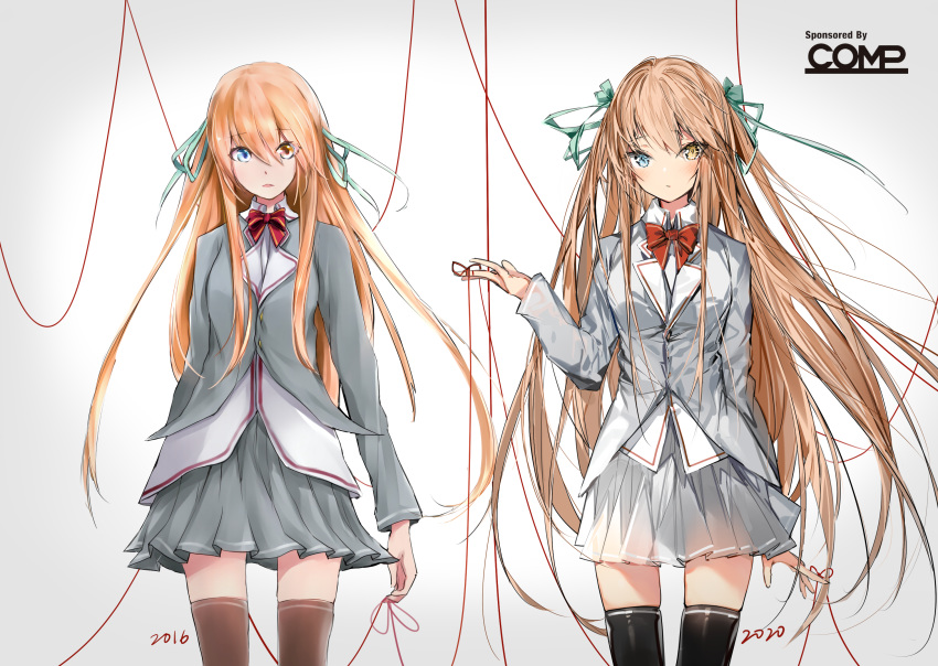 1girl artist_progress bangs black_legwear blue_eyes blush bow breasts brown_eyes brown_hair brown_legwear closed_mouth collared_shirt commentary_request eyebrows_visible_through_hair gradient gradient_background green_ribbon grey_background grey_jacket grey_skirt hair_between_eyes hair_ribbon hand_up heterochromia highres jacket long_hair looking_at_viewer looking_back multiple_views original parted_lips pleated_skirt red_bow red_string ribbon shirt silver_(chenwen) skirt small_breasts standing string string_around_finger striped striped_bow thighhighs very_long_hair white_background white_shirt