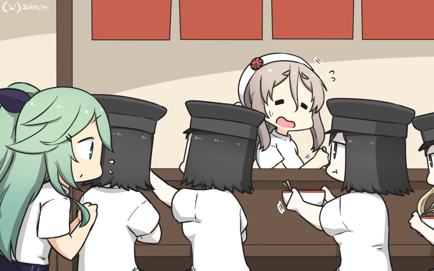 6+girls akitsu_maru_(kantai_collection) alternate_costume bandana bangs black_hair black_headwear black_ribbon bowl closed_eyes commentary_request counter cowboy_shot dated green_eyes green_hair grey_hair hair_ornament hair_ribbon hairclip hamu_koutarou hat highres kantai_collection long_hair military_hat multiple_girls multiple_persona pale_skin parted_bangs peaked_cap pola_(kantai_collection) ponytail ribbon shirt short_hair sidelocks t-shirt thick_eyebrows wavy_hair white_shirt yamakaze_(kantai_collection)