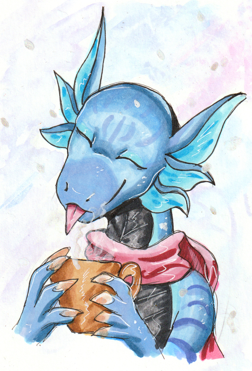 anthro beverage claws coffee coffee_mug cute_eyes cute_face dragon dreameroftheblue ear_fins eyes_closed female fin hi_res holding_object norna reptile scalie scarf smile snow solo steam striped_body stripes tongue tongue_out traditional_media_(artwork)