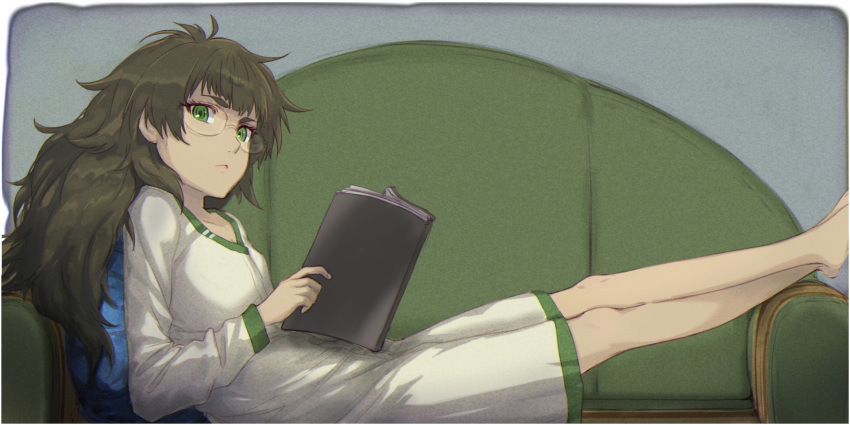 1girl barefoot closed_mouth collarbone couch dress from_side glass green_eyes green_hair highres hiyajou_maho holding long_hair long_sleeves looking_at_viewer lying menomorute on_back pillow rimless_eyewear shiny shiny_hair short_dress solo steins;gate steins;gate_0 very_long_hair white_dress