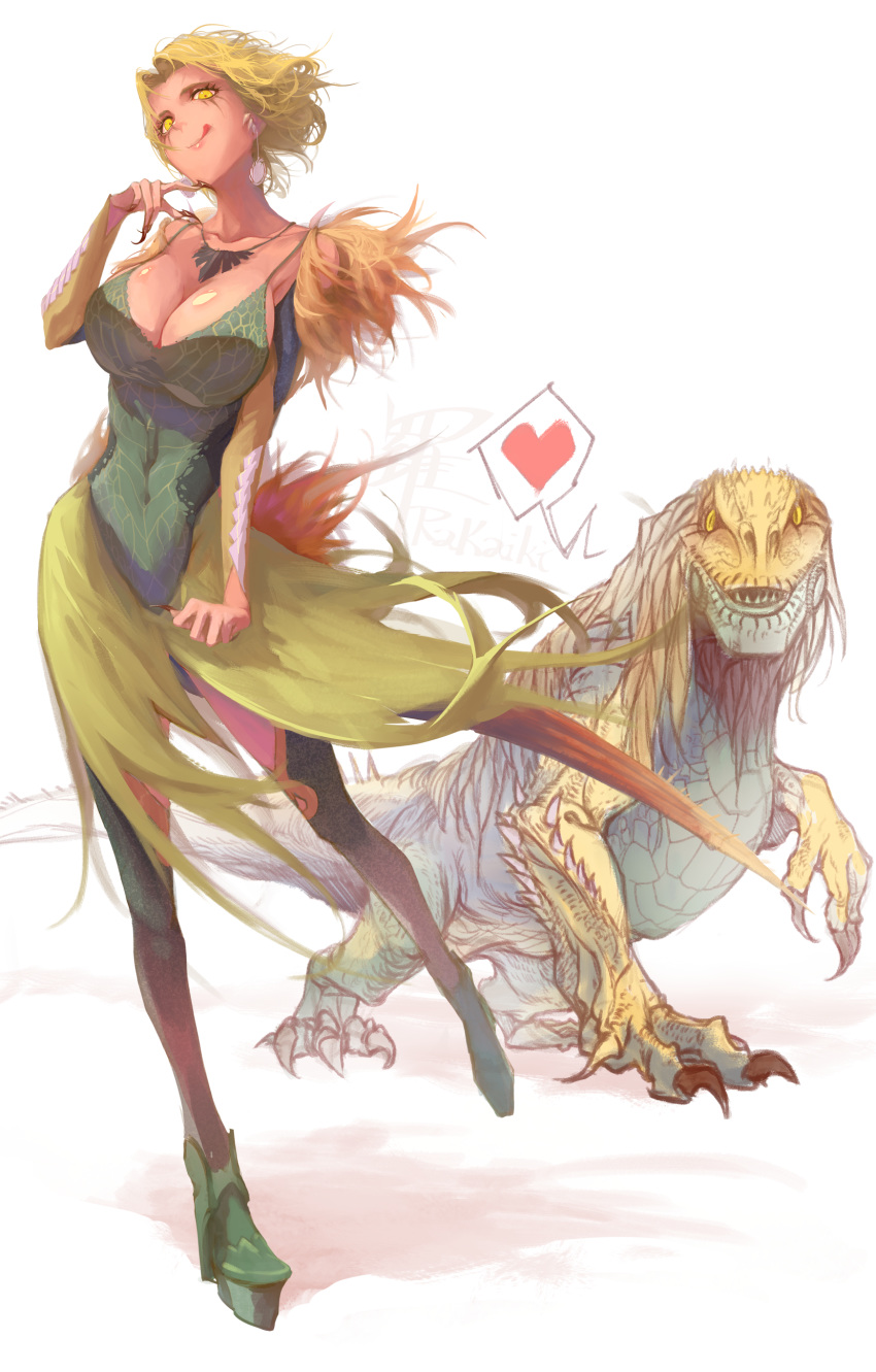 1girl absurdres armor breasts dress full_body great_jagras green_dress green_eyes green_hair highres large_breasts looking_at_viewer monochrome monster_hunter monster_hunter:_world rakaiki short_hair simple_background smile solo