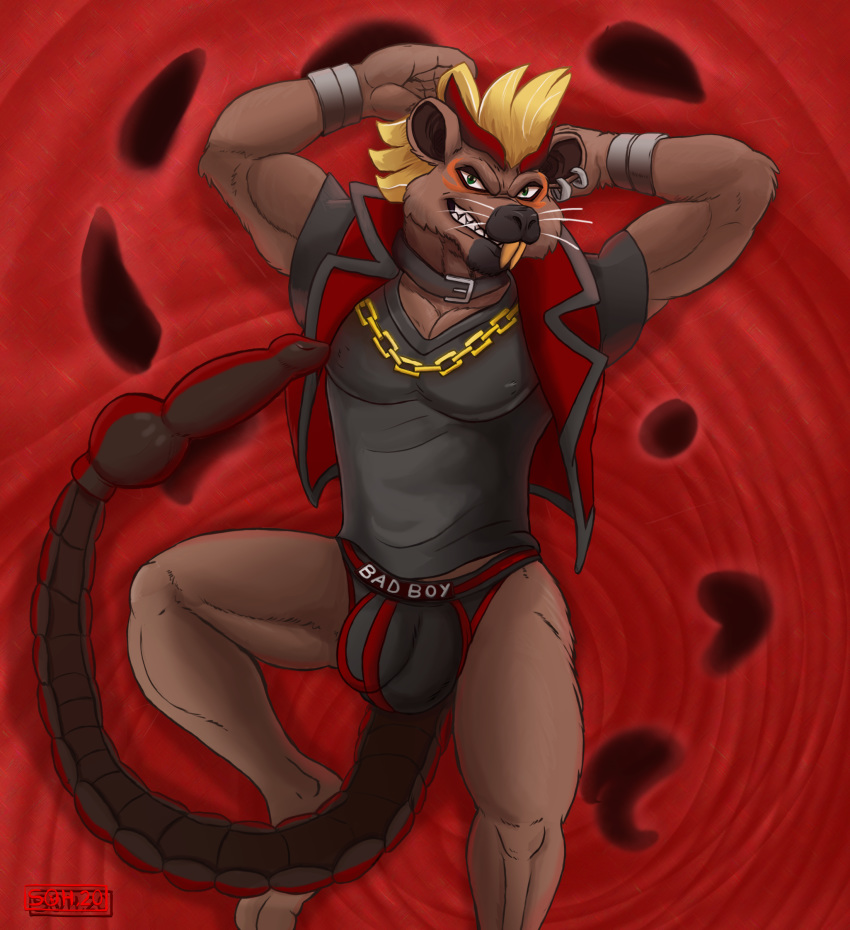 2020 absurd_res anthro batetemoda blonde_hair bracelet buckteeth bulge clothed clothing collar demon detailed_background digital_media_(artwork) dildo fur gold_chain green_eyes hair healin'_good_precure hi_res horn jewelry looking_at_viewer lying lying_on_ground male mammal nutria_(rodent) on_back package pretty_cure red_horn rodent s-o-husky scorpion_tail sex_toy shirt sleeveless_jacket smile solo teeth topwear underwear