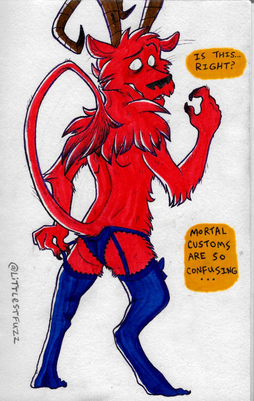 2020 anthro butt claws clothing confusion demon dialogue don't_starve english_text fur garter_straps hi_res horn imp klei_entertainment legwear lingerie littlestfuzz looking_back male mammal panties raised_tail rear_view red_body red_fur simple_background snout solo speech_bubble stockings tail_tuft text traditional_media_(artwork) tuft underwear video_games wortox
