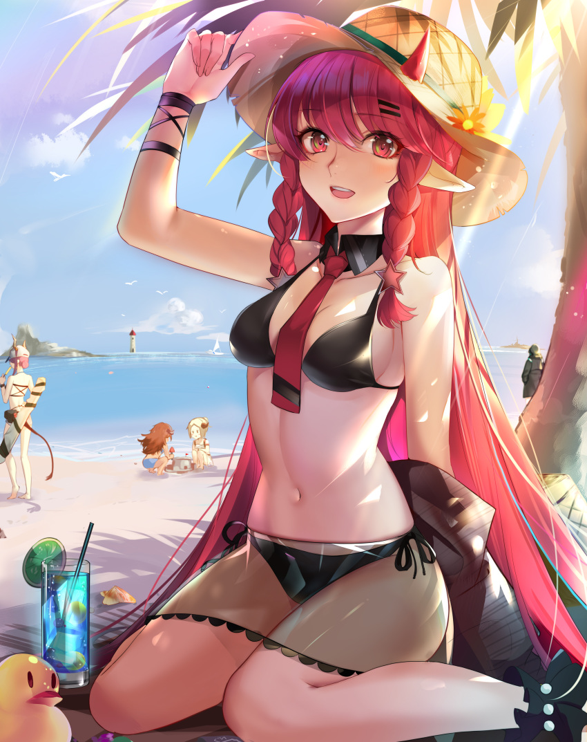 1boy 4girls :d absurdres ankle_cuffs arknights arm_up bare_legs barefoot baseball_cap beach bikini bikini_skirt bird black_bikini blonde_hair blue_hair blue_sky blush braid breasts brown_hair ch'en_(arknights) cleavage cloud cloudy_sky commentary day demon_horns detached_collar doctor_(arknights) dragon_horns dragon_tail drink drinking_straw eyebrows_visible_through_hair eyelashes eyjafjalla_(arknights) fanny_pack hair_between_eyes hair_ornament hairclip hand_on_headwear hat highres horns ifrit_(arknights) lan_yu light_rays lighthouse lime_slice long_hair looking_at_viewer medium_breasts midriff multiple_girls navel necktie ocean off_shoulder open_mouth outdoors palm_tree pointy_ears red_eyes red_hair red_neckwear rubber_duck sand_castle sand_sculpture seashell see-through shade shadow sheep_horns shell side-tie_bikini side_braids sideboob sitting sky smile solo_focus squatting star star_hair_ornament straw_hat sunlight swimsuit tail thighs tree twin_braids vigna_(arknights) walking wariza weapon_bag wing_collar