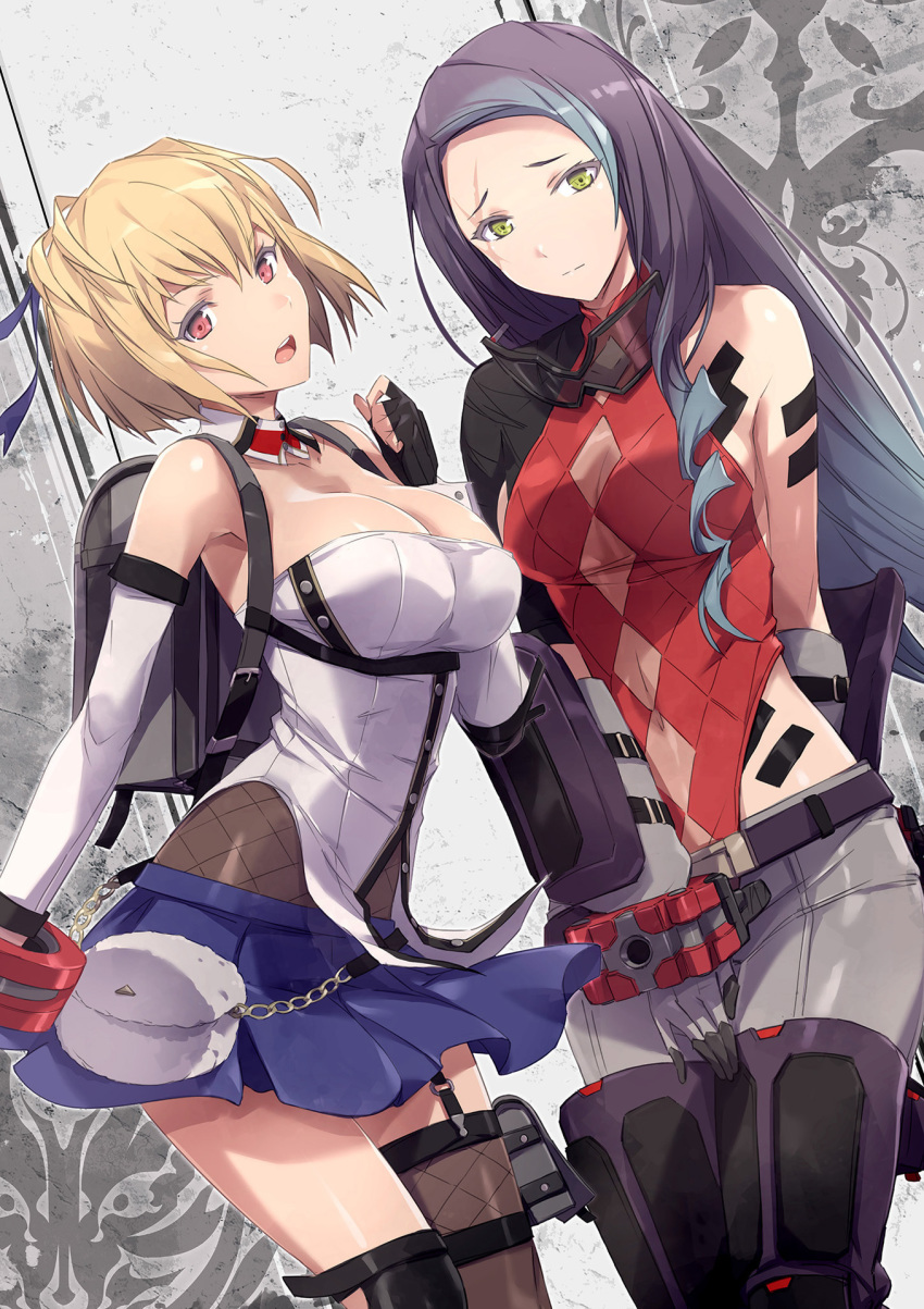 2girls artist_request backpack bag bangs bare_shoulders belt blonde_hair blue_skirt bracelet breasts buttons claire_victorious cleavage drill_hair fingerless_gloves gloves god_eater god_eater_3 goggles goggles_around_neck gradient gradient_hair grey_hair highres jewelry leotard leotard_under_clothes lulu_baran miniskirt multicolored_hair multiple_girls official_art open_mouth page_number parted_bangs pleated_skirt purple_hair red_eyes red_leotard scan scar scar_across_eye shiny shiny_hair shiny_skin simple_background skirt thighhighs