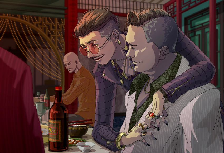 4boys arm_around_shoulder bald beer_bottle black_nails bottle bracelet brown_hair chopsticks earrings facial_hair glasses indoors jewelry kopiko49 long_sleeves multiple_boys mustache necklace red_eyes rice ring ryuu_ga_gotoku sitting smile soul_patch soy_sauce striped_suit tinted_eyewear yakuza